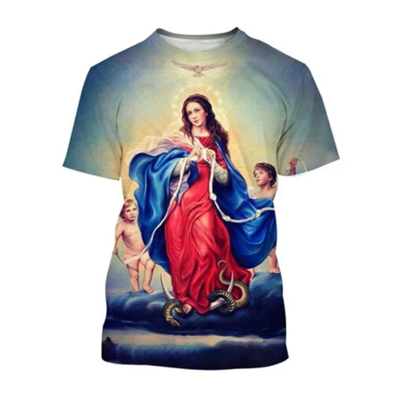 Christian Blessed Jesus God T Shirts Womens Clothing Virgin Mary T Shirt Goddess of Mercy 3D Print T-Shirt Unisex Short Tops