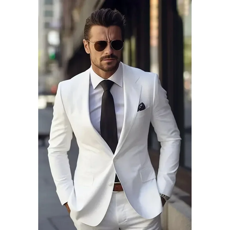 Chic White Men Suits Formal Single Breasted Notch Lapel Skinny 2 Piece Jacket Pants Outfit Gentlemen Office Male Clothing Blazer