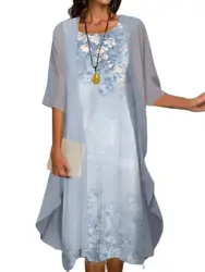 Fashion Women Chiffon Summer Sleeveless O-Neck Print Loose Party Dresses +Cardigan Shawl Elegant Casual Lady Two Piece Set Dress