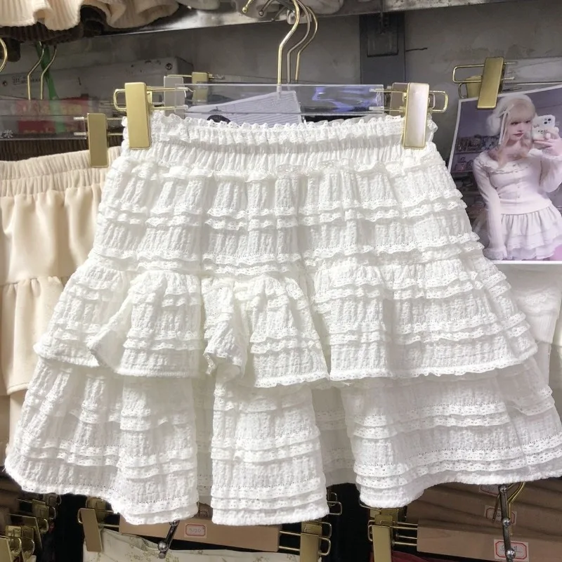 Spring Summer Women Sweet Ballet Style Girl Lace Cake Skirt Female Fluffy Pleated Tierred White Elegant Short Mini Skirt Fairy