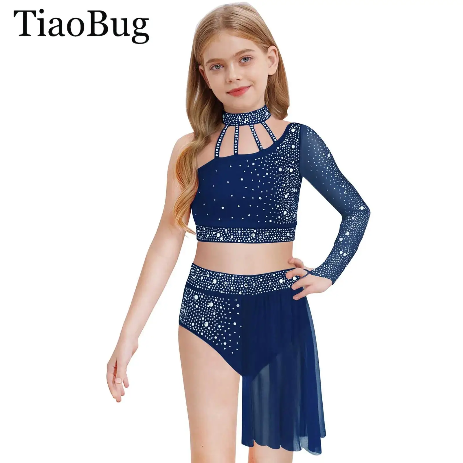 

Girls Modern Lyrical Dance Outfit One Shoulder Rhinestone Crop Tops with Skirts Contemporary Ballet Gymnastics Skating Costumes