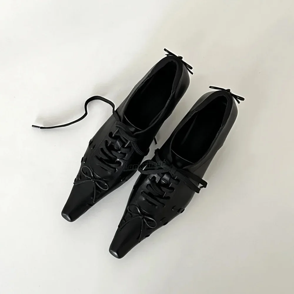 

Black PU Small Square Toe Lace-up Pumps Gothic Style Back Bow Strange Hell Shollow Women Stilettos Solid Black Sexy Girl Shoe