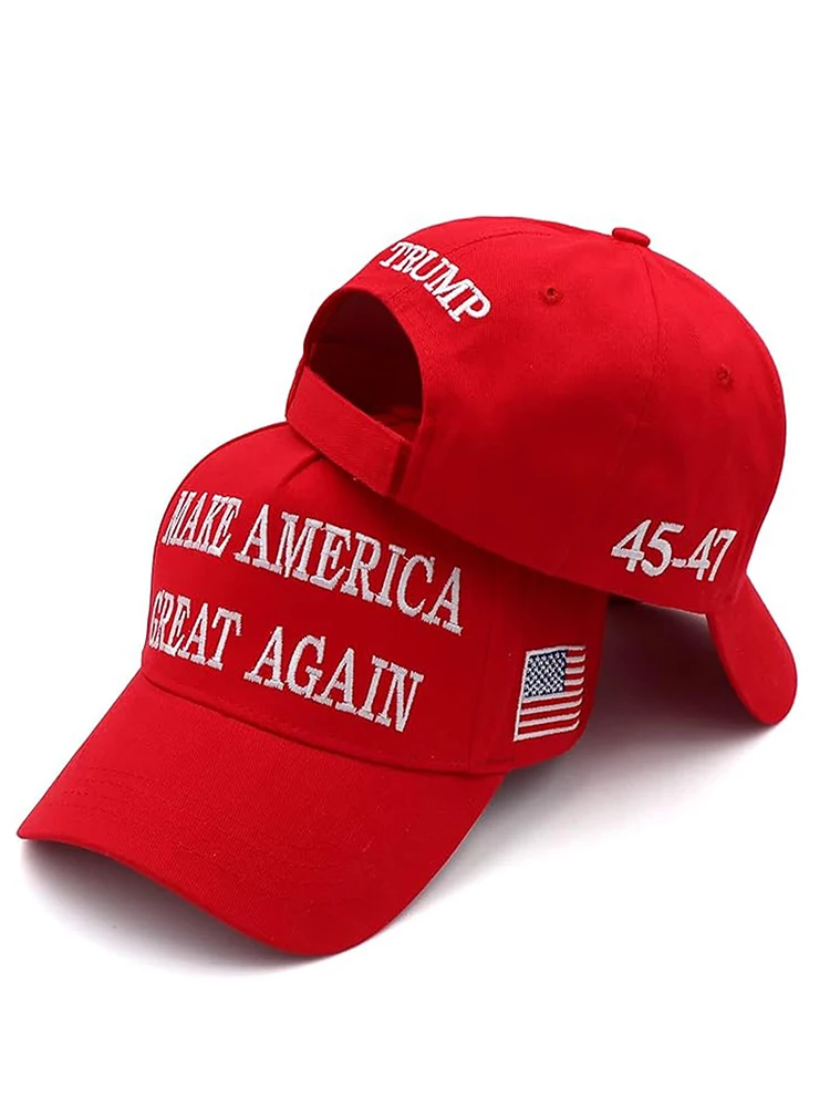 Gorra Roja y Blanca 2024 MAGA Donald Trump, 45-47 MAKE AMERICA GREAT AGAIN, Eslogan, Ajustable, Bordada, Bandera Americana de USA, Gorra de Béisbol