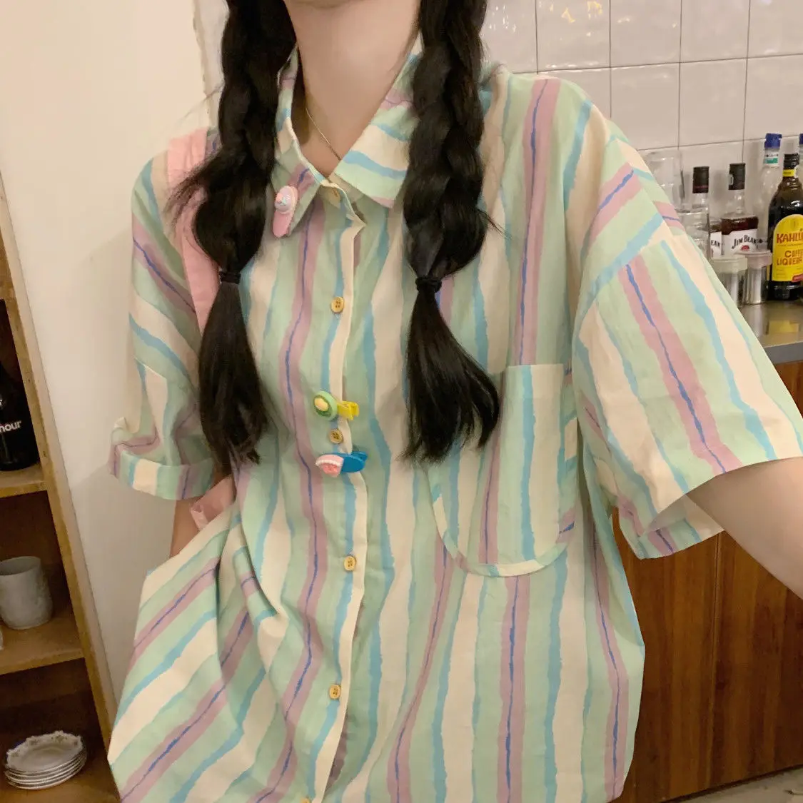 

Summer Casual Korean Fashion Loose Buttons Single Breasted Striped Short Sleeve Youth Lively Bright Easy Close to the People