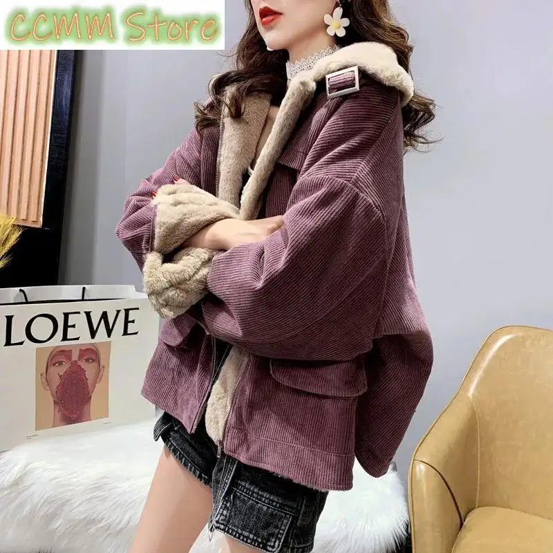 Winter Coat Women New Korean Loose Wild Zipper Corduroy Lamb Wool Jacket Thicken Warm Tooling Cotton Jackets Womens Parkas