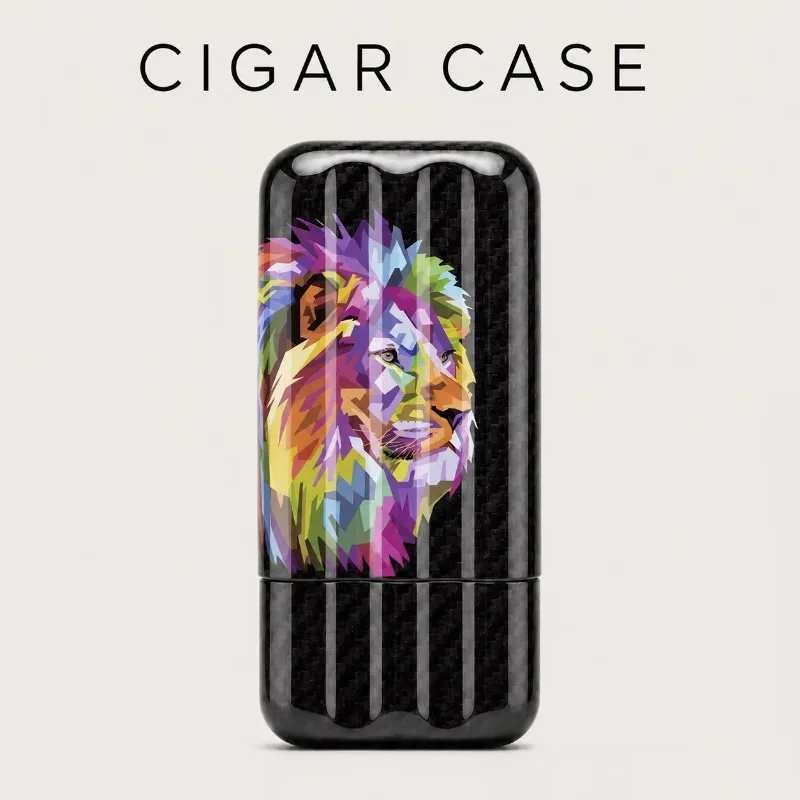 Carbon Fiber Cigar Humidor Travel Box,3Tube Holder Portable Humidifying Case,Lion Pattern Telescopic Slide Hard Shell,Men's Gift