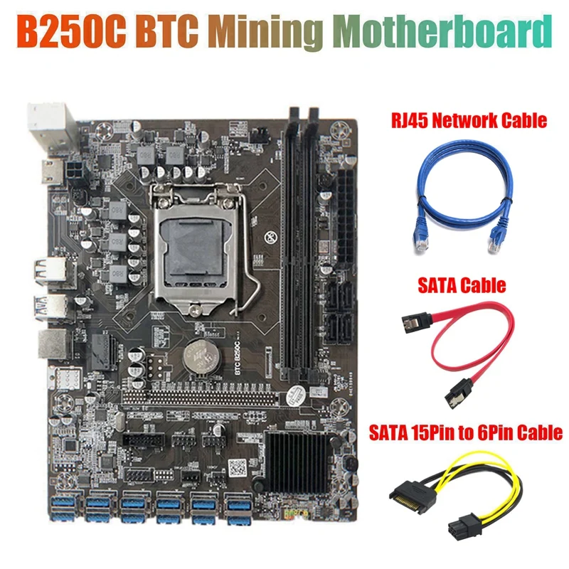 

B250C Miner Motherboard+SATA 15Pin To 6Pin Cable+RJ45 Cable+SATA Cable 12 PCIE To USB3.0 GPU Slot LGA1151 DDR4 For BTC