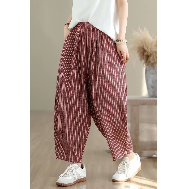 Pantaloni casual larghi da donna a vita alta a nove punti effetto dimagrante pantaloni Harem in misto cotone poliestere pantaloni lunghi larghi a righe