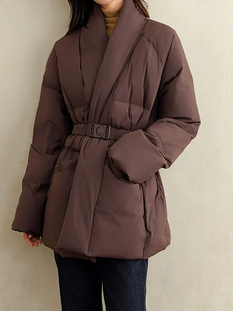 Schinteon Women White Duck Down Jacket Casual Loose Belt V-neck Collar Fashion Autumn Winter Outwear Korean Style Coat 2025 New