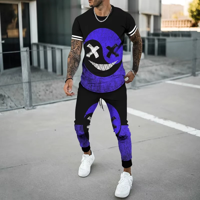 Hot Sale Summer 3D Printed Loose Men T-shirt Trousers Suit Man Casual Short Sleeve Long Pant Set Men short T-shirt Trousers Suit