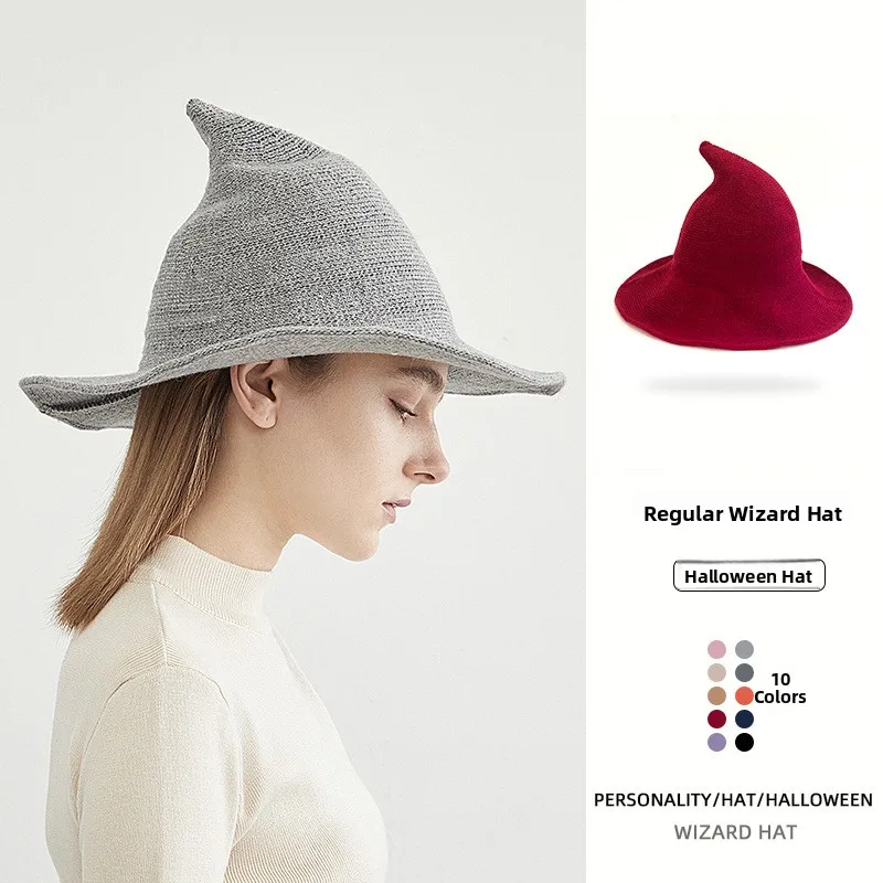 Halloween Witch Hat Conical Knitted Cap Pointed Top Regular Fit One Size Fits All Seasonal Unisex Large Brim Hat for Children