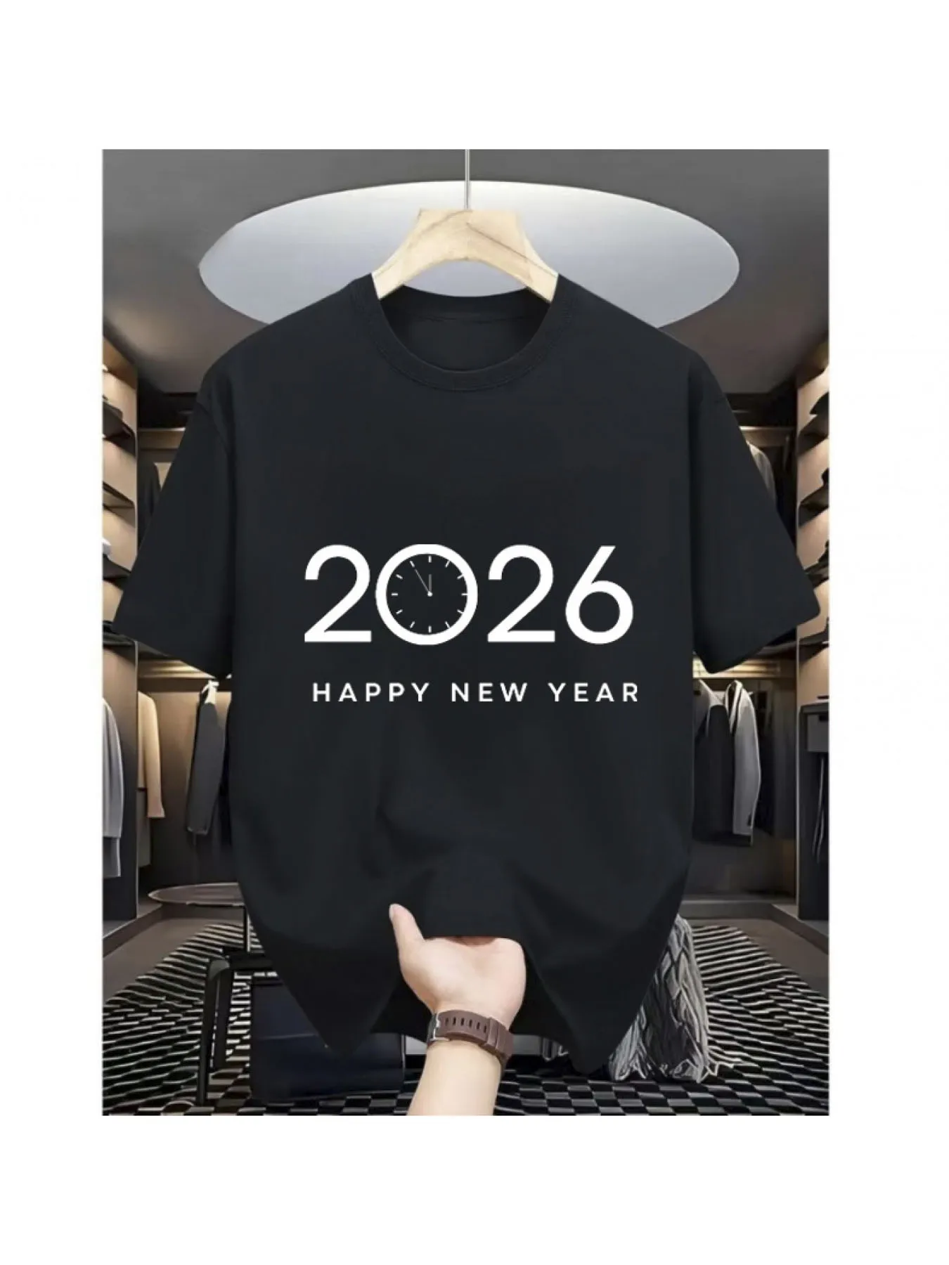 

2026 Happy New Year Clock T-Shirt - Black & White Unique Design, Comfortable Cotton Tee