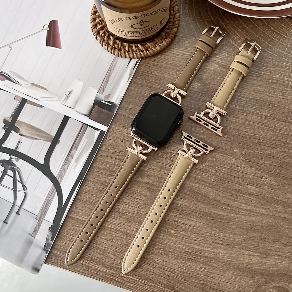 Leather Slim Watchband For Apple Watch Band 41MM 45MM 40mm 44mm 38mm 42mm Series 8 7 SE 6 5 4 3 2 Woman Thin Correa Wrist Strap