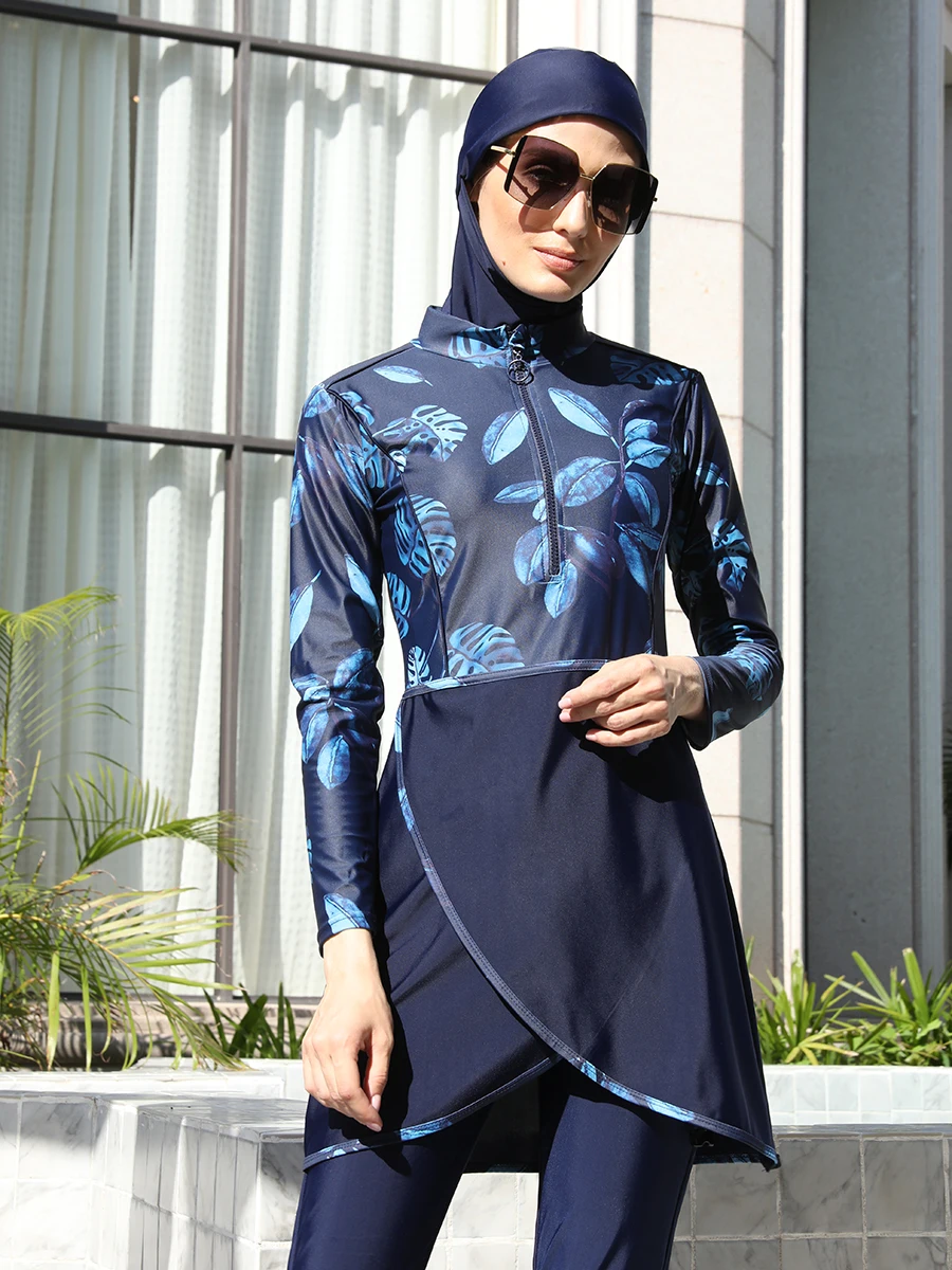 Women Muslim Burkini Swimsuit Modest Swimwear Islamic Long Sleeve Full Cover Hijab Flower Dress Top Cap Swim Pants ​Bathing Suit