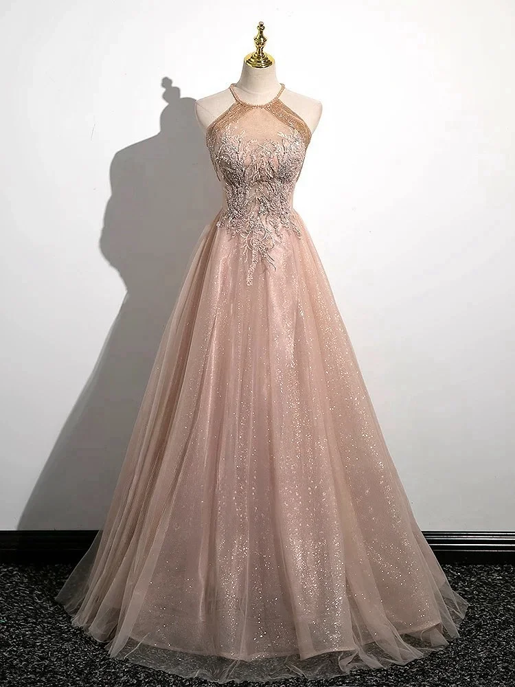 

Pink Evening Dress for Women 2024 New Graduation Season A Line Halter Beading Printing Temperament Banquet Celebrity Gown