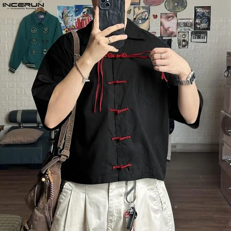 

INCERUN Мужская рубашка в стиле пэчворк, винтажная повседневная мужская одежда с лацканами и половиной рукава, уличная одежда, свободные топы в стиле ретро, мужские рубашки S-5XL