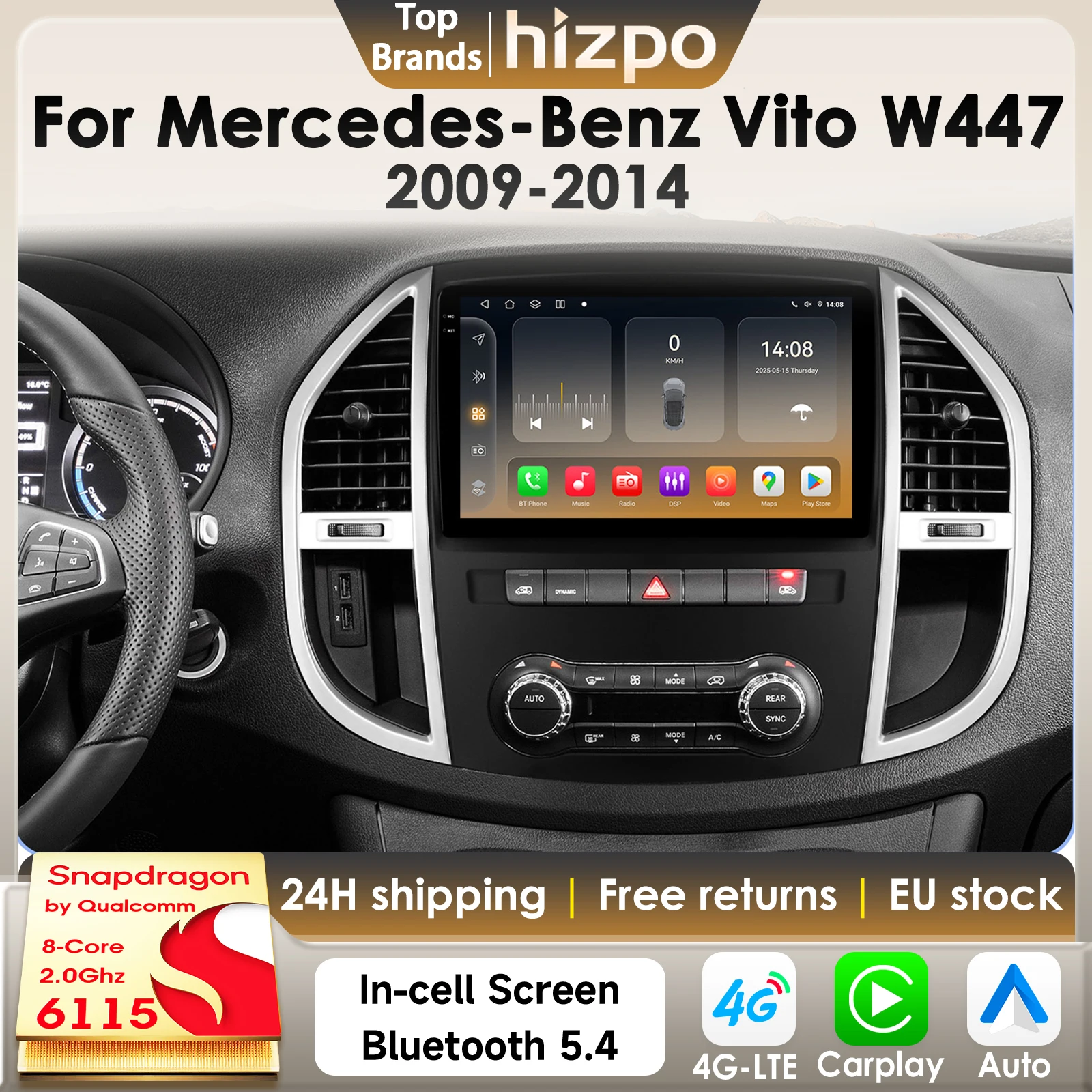 Hizpo 8G 128G 2Din Android 14 Autoradio Für Mercedes Benz Vito W447 2014 - 2021 Auto Multimedia GPS 4G Carplay Von Snapdragon 6115