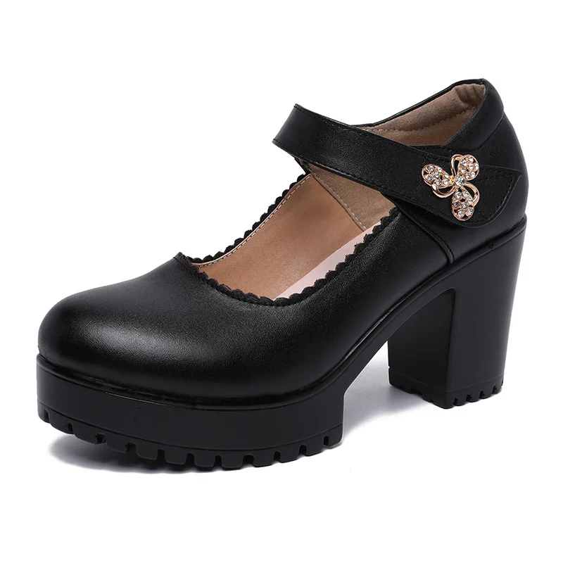 

Женские черные туфли Cheongsam с круглым носком, женская обувь на массивной платформе и каблуке 8 см с одним ремешком и низким вырезом