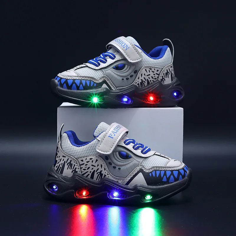 2024 Boys New Cartoon Sneakers Children Baby Autumn LED Luminous Sports Shoes Kids Shark Casual Light Up Shoes Size 22-31