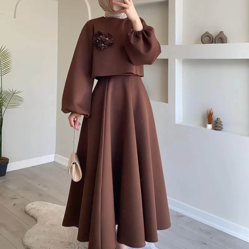 Elegant 3D Floral Lantern Sleeve Dress Two-Piece Set Chic Solid Color Long Sleeve Top New Fashion Autumn/Winter Women's Dresses