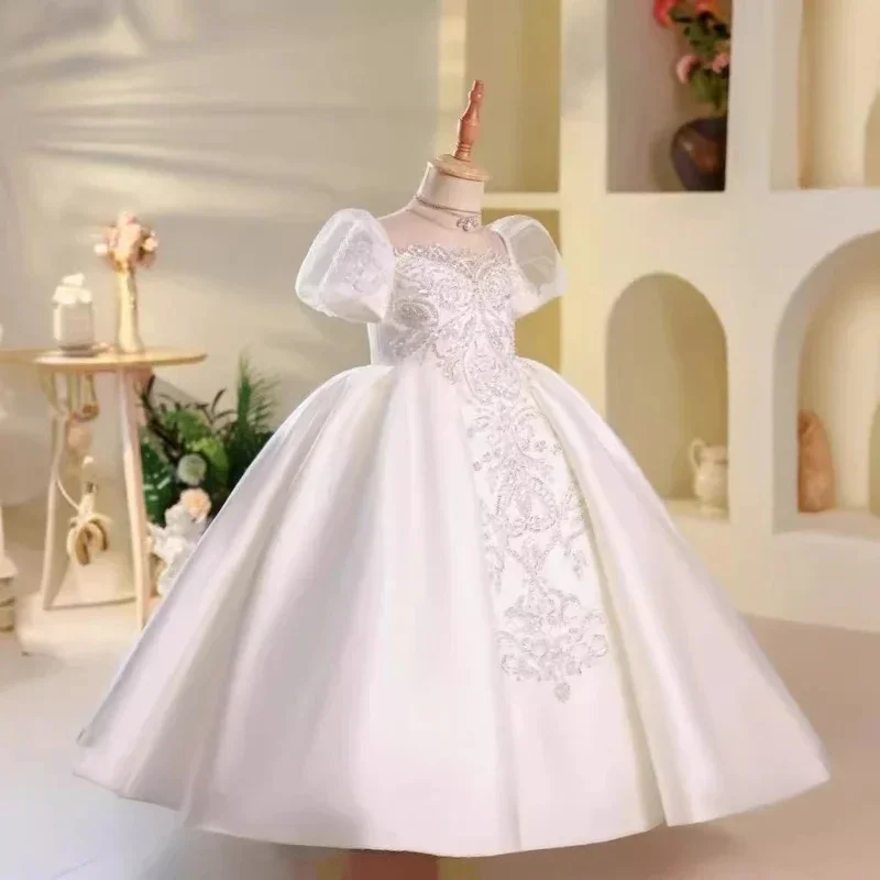 Custom Luxury Dress Female Wedding Guest Gown Girls Puff Sleeve Embroidery Satin Ballgown Wedding Dress Luxurious Birthday Party