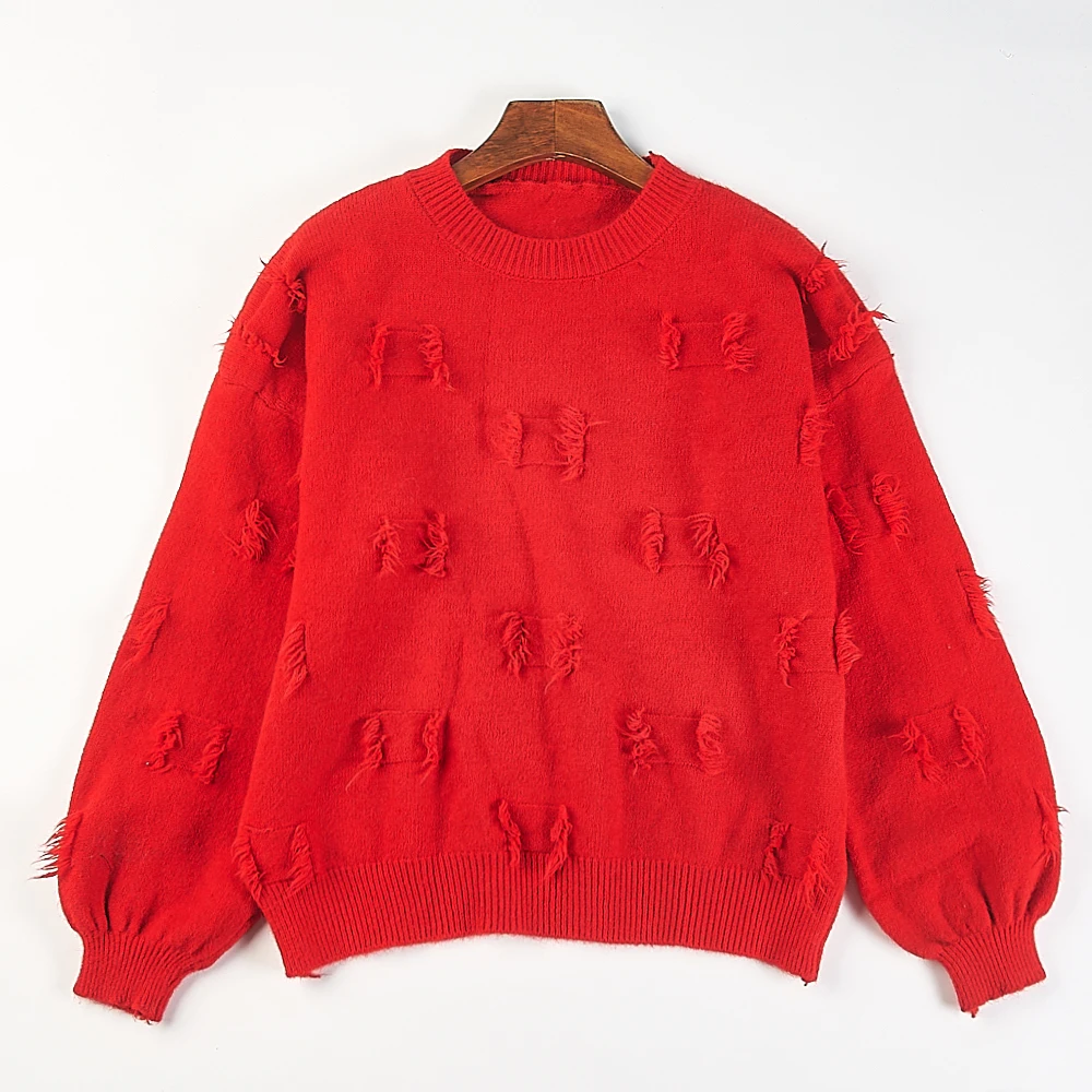 

Korean Sle Long Sve round Ne Loose Knitted Sweater Women's Fringe Patch Design Sensation Autumn Winter Warm Top