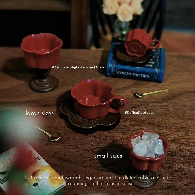 1Pcs NEW French Retro High Foot Relief Coffee Cup With Handle High End Stemmed Mugs Dollhouse Miniature Scene Decoration Prop