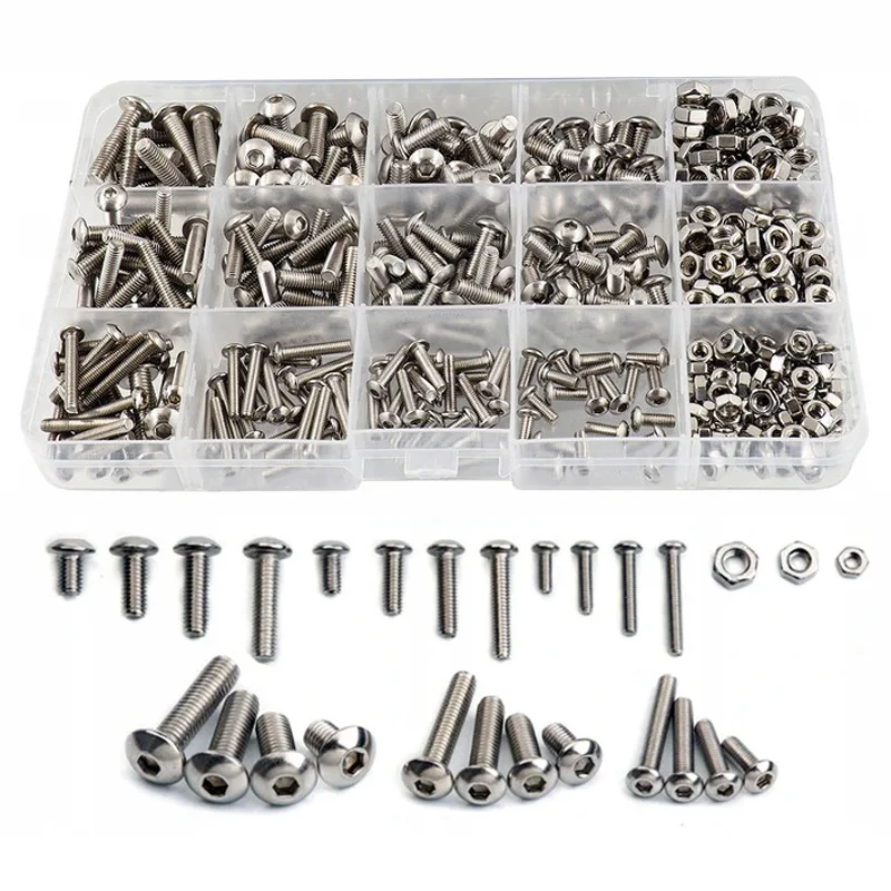 440PCS M3 M4 M5 Stainless Steel Button Head Hex Socket Head Cap Bolts Screws Nuts Assortment Kit - 304 Stainless Steel