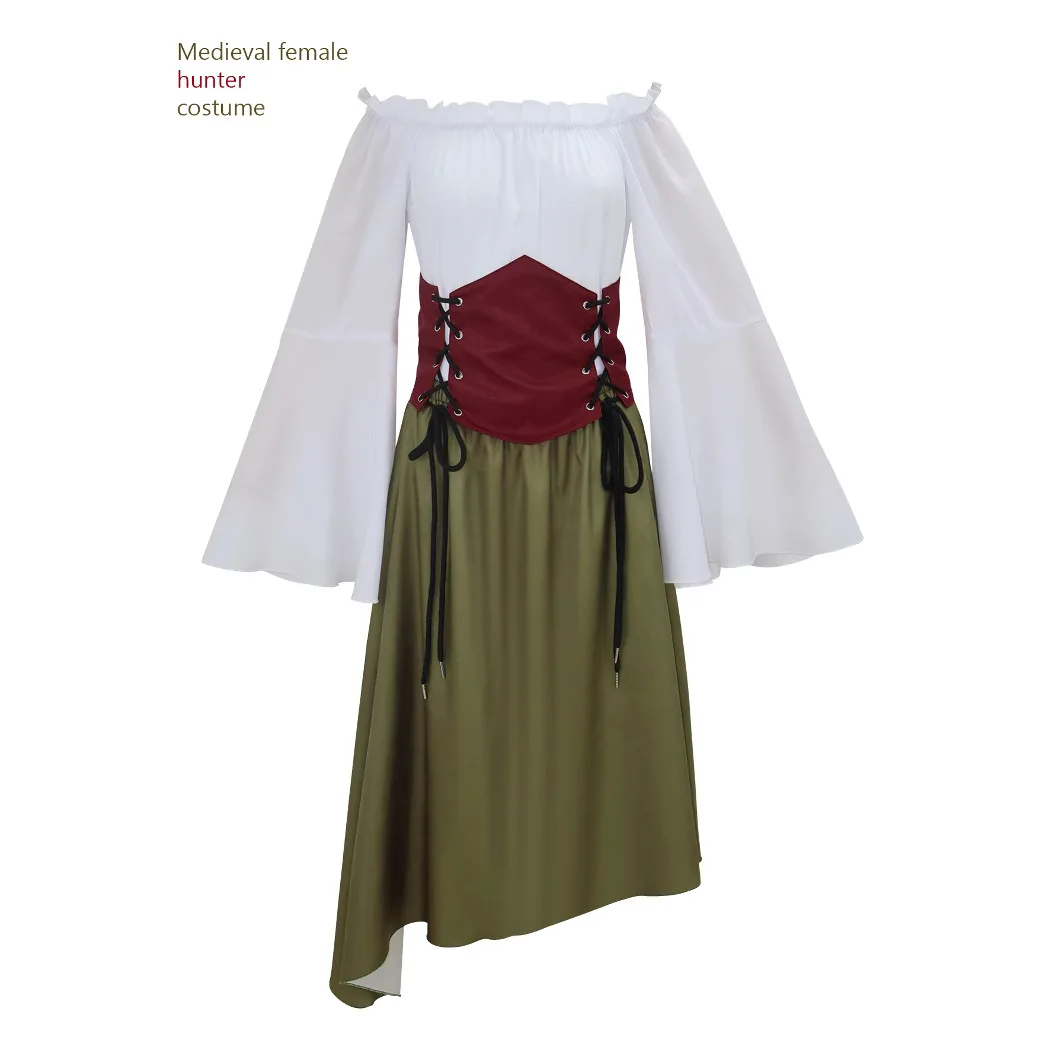 

Women Medieval Victorian Faire Dress Retro Casual Stage Performances Long Skirt Waist Cincher Halloween Pirate Cosplay Costume