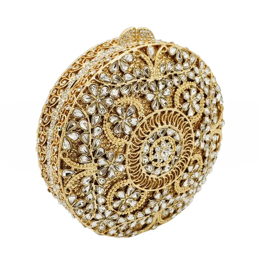 Boutique De FGG (in stock) Round Circular Hollow Out Women Crystal Clutch Evening Minaudiere Bag Wedding Handbag Bridal Purse