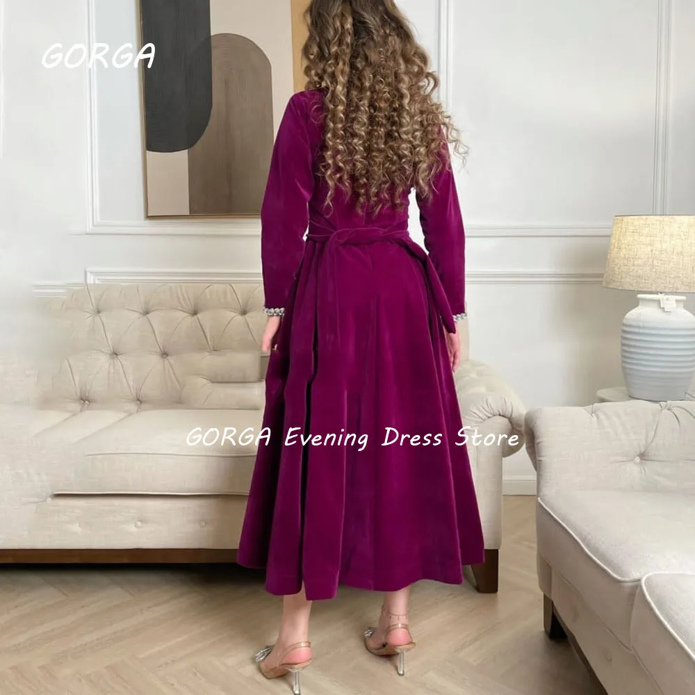 GORGA V-Neck Beading Velour Evening Dresses Saudi Arabia A-LINE Long Sleeves Formal Occasion Dress Ankle-Length Party Gown