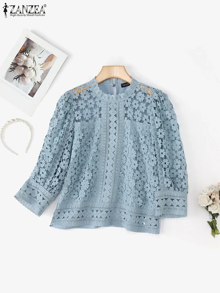 Femmes élégantes dentelle Blouse ZANZEA 3/4 manches bouffantes couleur unie tunique hauts 2025 automne col rond transparent décontracté bureau dame chemises