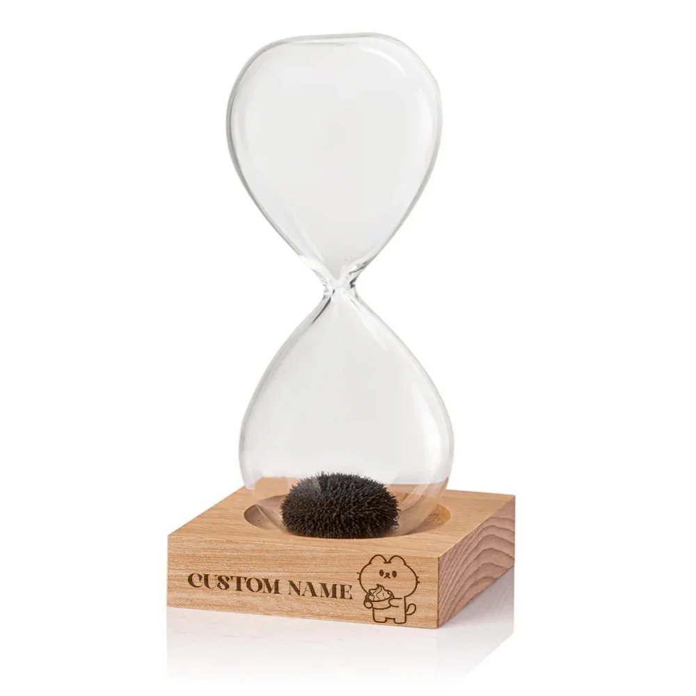 قطعة واحدة من قطة لطيفة مع طعام، اسم مخصص لسطح المكتب، زجاج مغناطيسي، ساعة رملية مع قاعدة مؤقت رملية مع قاعدة من الخشب الطبيعي