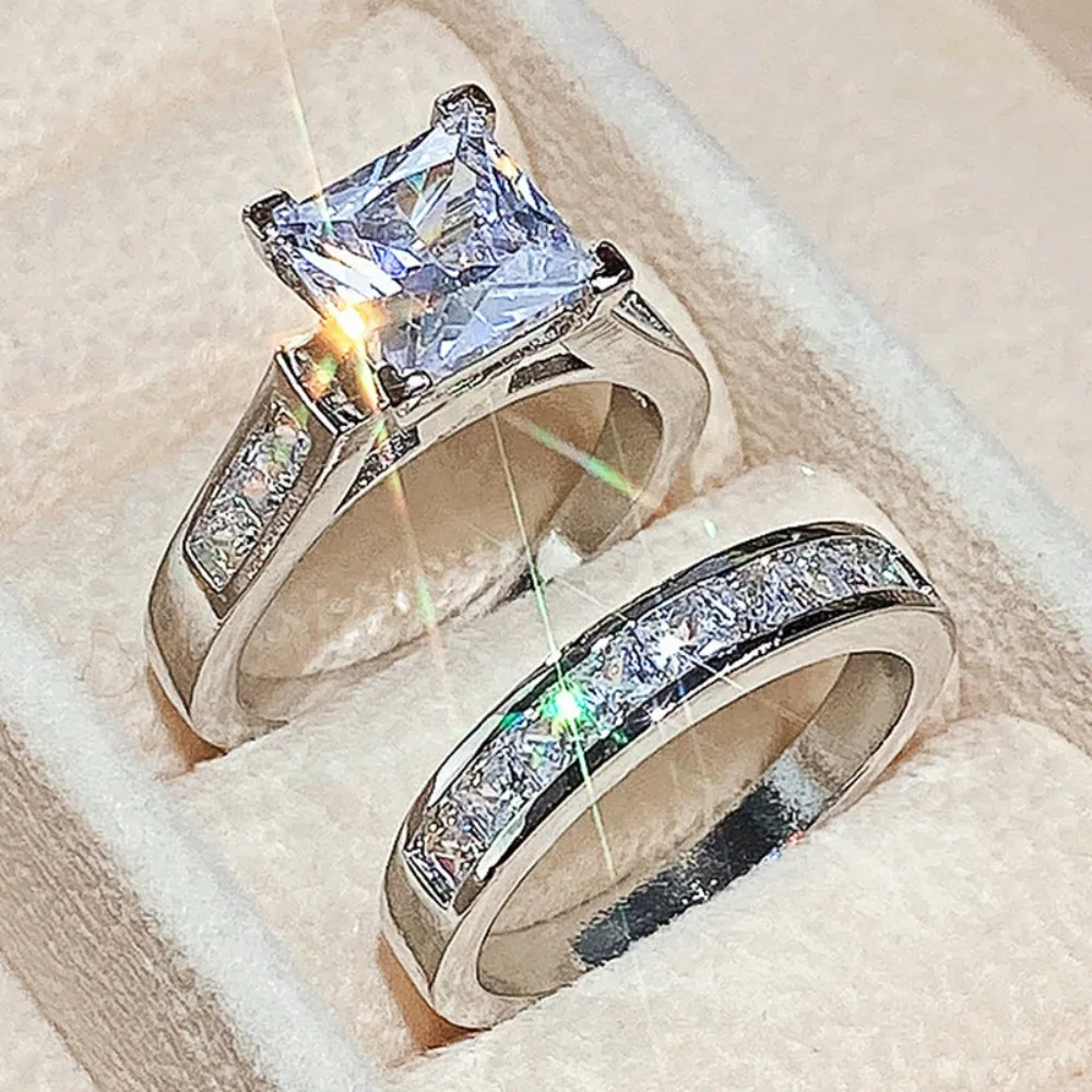 2 pièces ensemble classique de luxe de haute qualité 5A carré Zircon anneaux pour les femmes mode personnalité mariée mariage fiançailles ensembles de bijoux