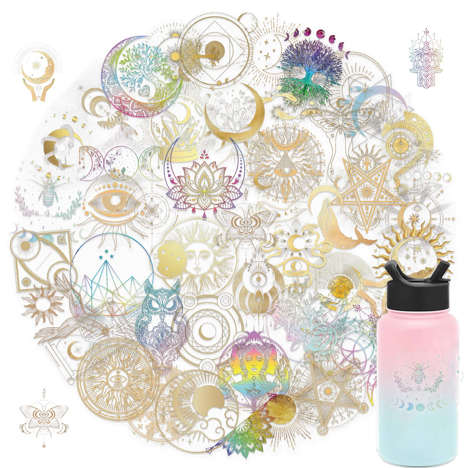 50pcs Colorful Laser DIY Stickers Transparent PET Sticker Self-Adhesive for Bullet Journal Moon Sun Designs