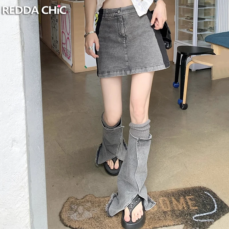 REDDACHiC Patchwork Vintage Gray Women Denim Suit High Rise Bodycon Mini Skirt Frayed Slit Leg Warmers Y2k Acubi Fashion Clothes