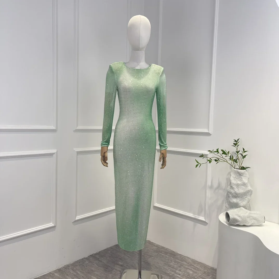 

Light Green Gradient 2023 New Arrivals High Quality Vintage Diamonds Long Sleeve Waist Elegant Woman Midi Dress for Party