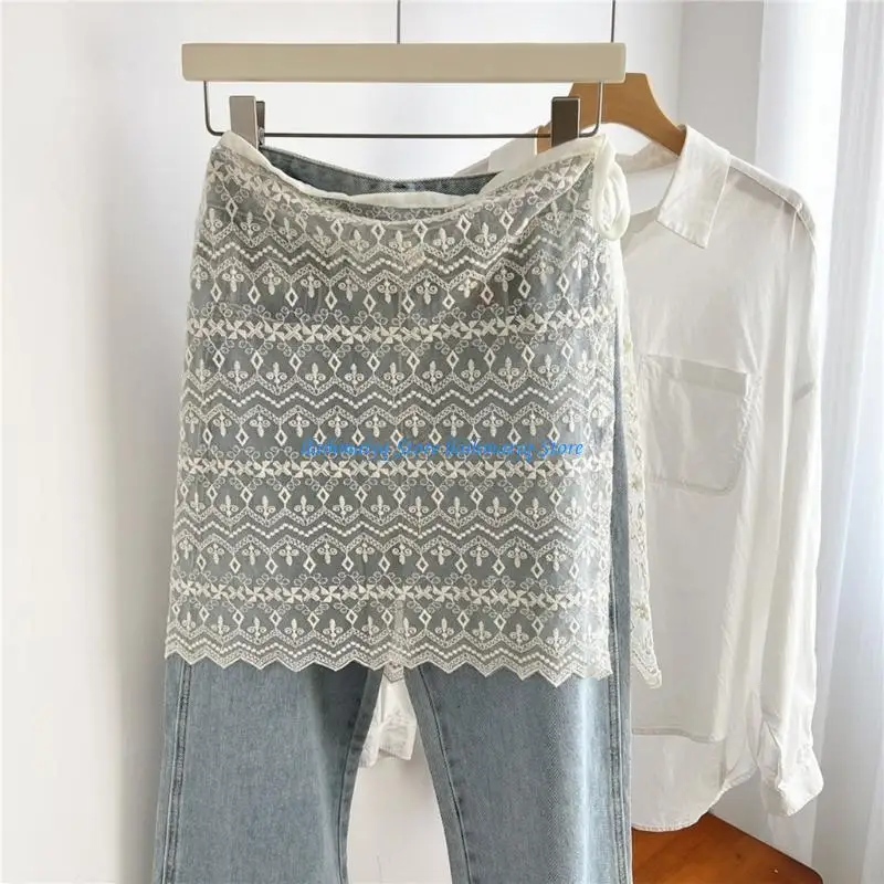 573B Floral Lace Detail Wrap Skirt Lightweight Polyester Fabric Lace Cover Up Skirt