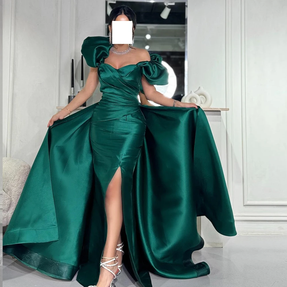 Elegant Straight Green Floor Length Evening Dress Formal Off the Shoulder Satin Short Sleeves Pleats Panel Train Saudi Arabia