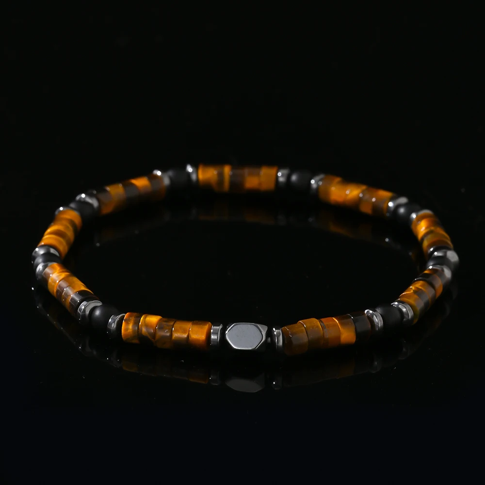 1PC Summer Retro Black Gallstone Spacer Glass Frosted Bead Yellow Tiger Eye Semi Precious Men's Beaded Bracelet