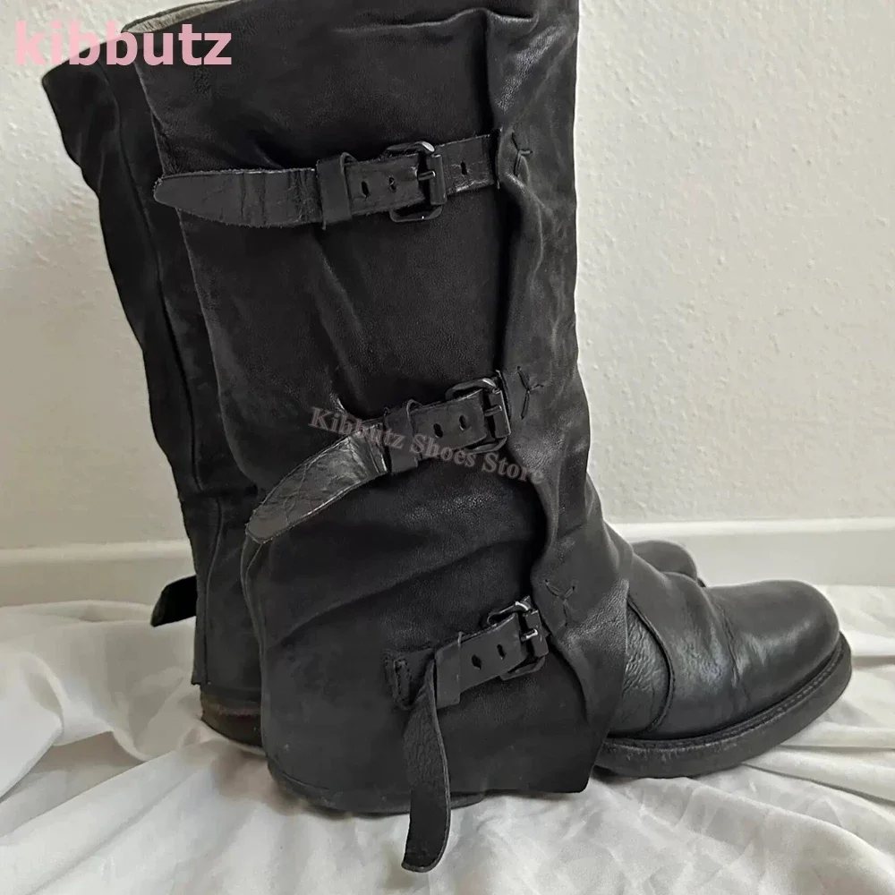 Vintage Knee High Boots Belt Buckle Round Toe Flat with Turned-Over Edge Novelty Leather Solid Color Fashion Elegant Sexy Shoes
