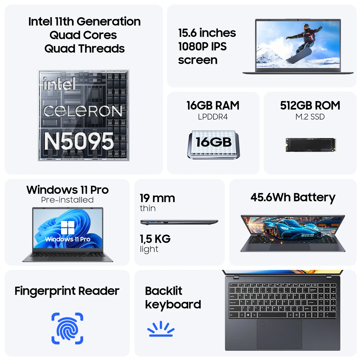 15.6 Inch Laptop,16GB RAM 512GB SSD, Laptop Computer with Celeron N5095 Quad-Core CPU, Backlit Keyboard, Fingerprint,Win11 Pro