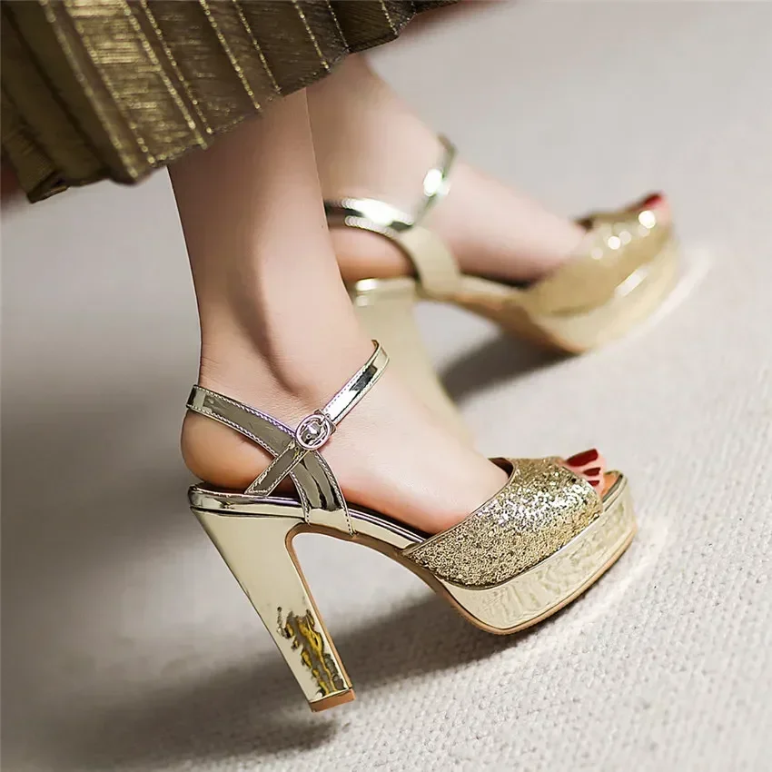 Elegant Silver Mirror PU Women Sandals Gold Sequined Cloth High Chunky Heel Wedding Party Office Lady Ankle Strap Platform Shoes - view 2
