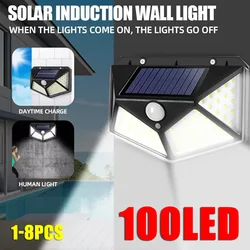 Outdoor LED Solar Wall Lights com sensor de movimento PIR, Powered Sunlight Spotlight, Street Light para jardim, 100 LEDs