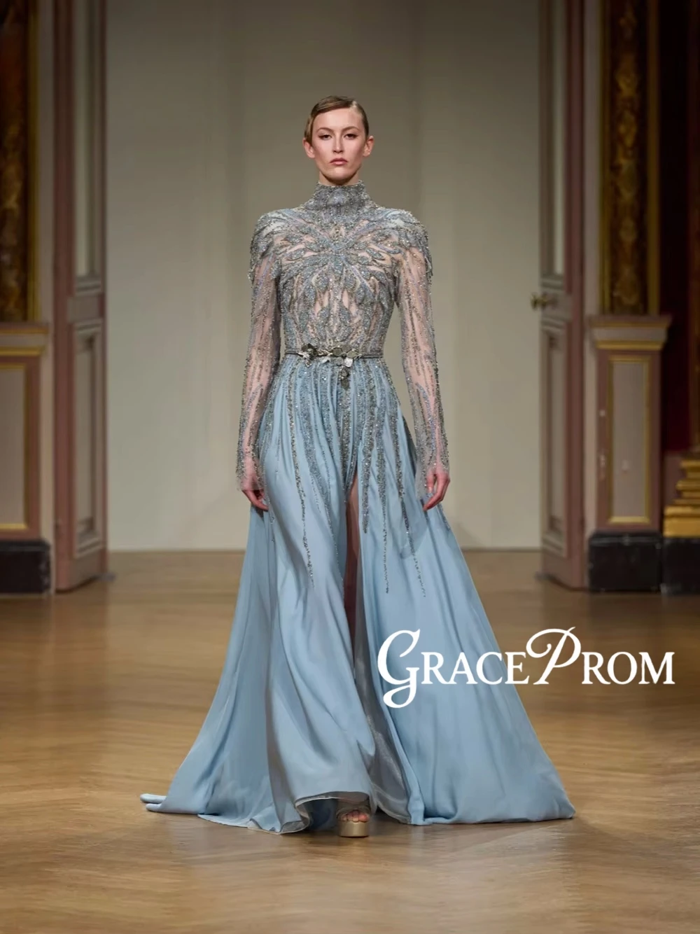 

Beading Opulent A Line Evening Dress Romantic High Neck Sequined Illusion Long Sleeves Cocktail Women Customized Prom Gown