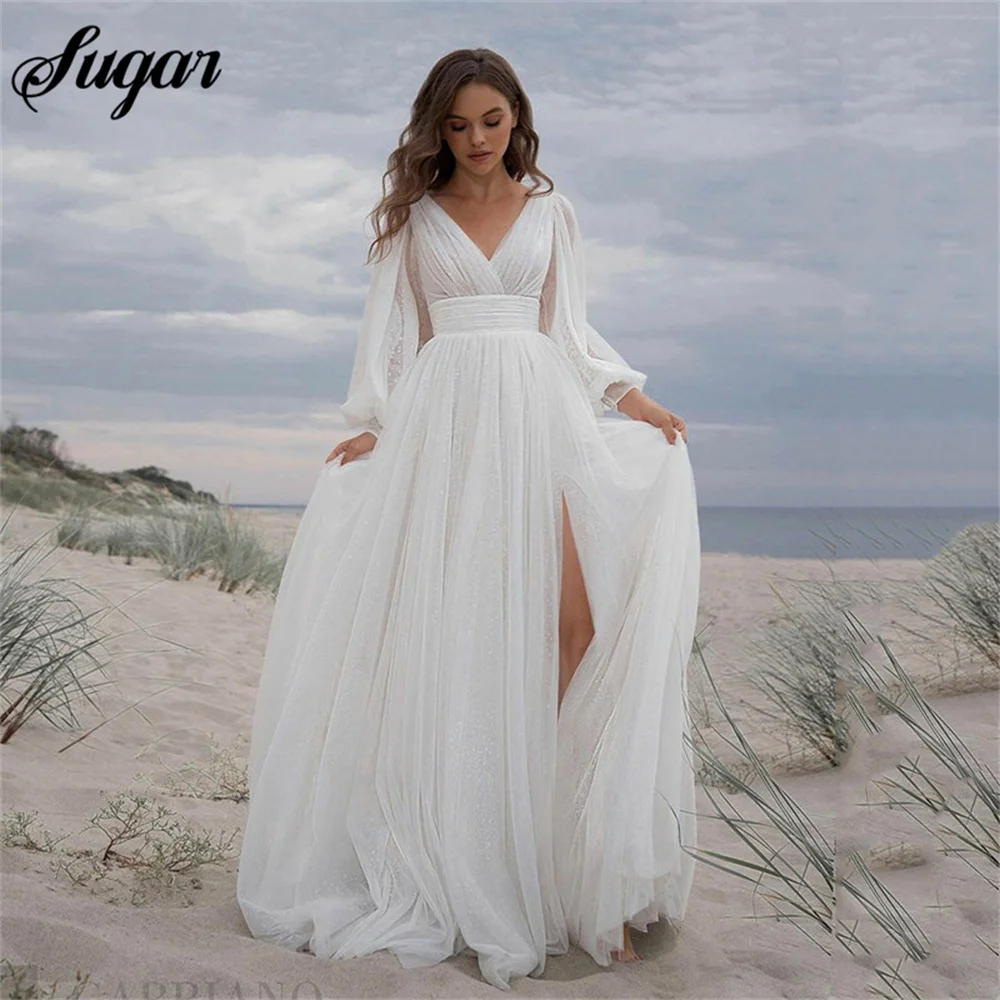 Fee Elfenbein EINE Linie Hochzeit Kleid Lange Puff Sleeve V-ausschnitt Braut Kleid Puff Tulle Side Split Boho Hochzeit Kleider für Braut