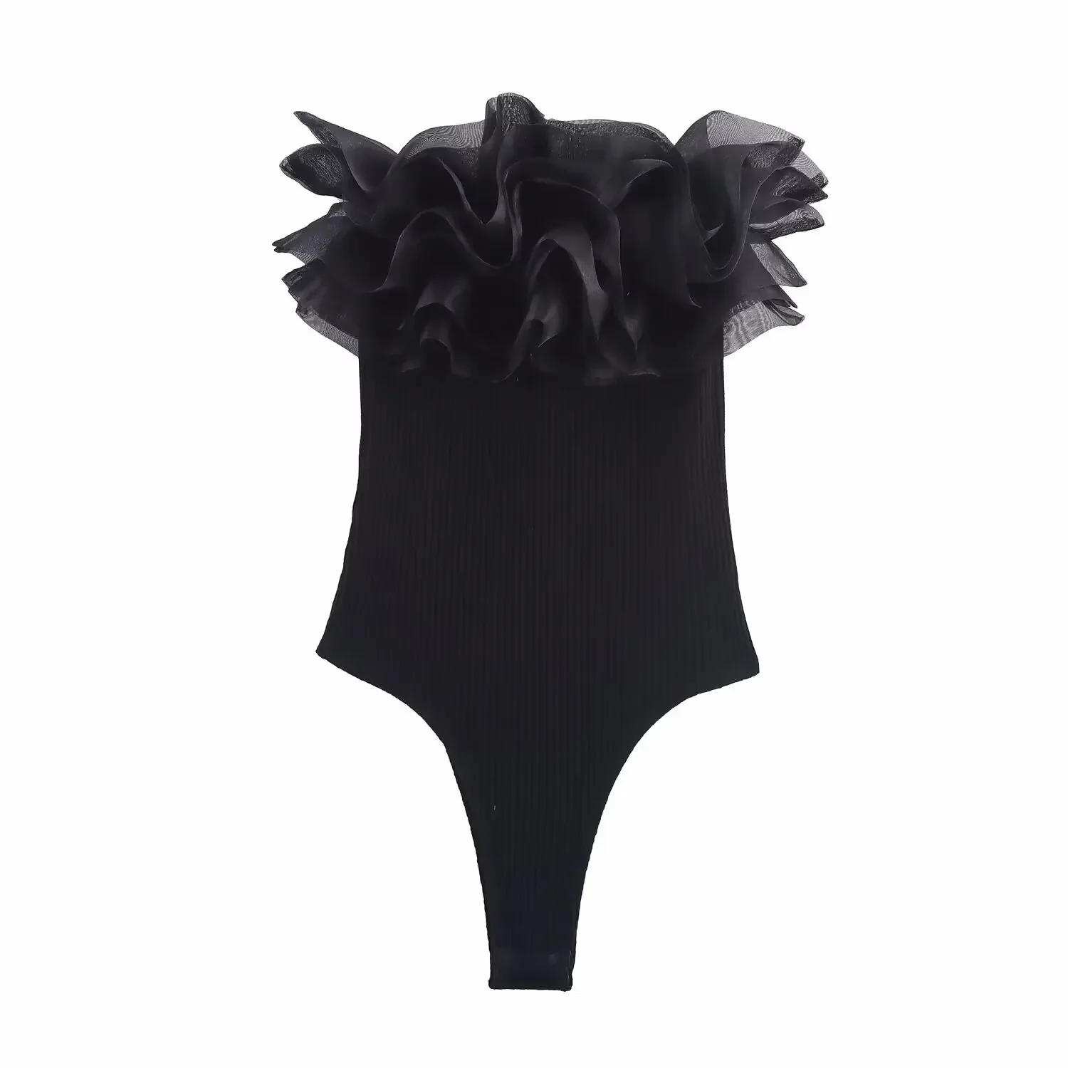Sexy Y2k Female Chic Lady Tops  Women Fashion Ribbed Bodysuit With Organza Ruffle Vintage High Elastic Body Femme