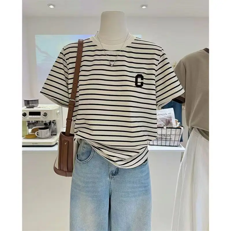 Netflix striped square shoulder round neck short-sleeved T-shirt 2024 new fashion versatile tops bottoming shirt summer