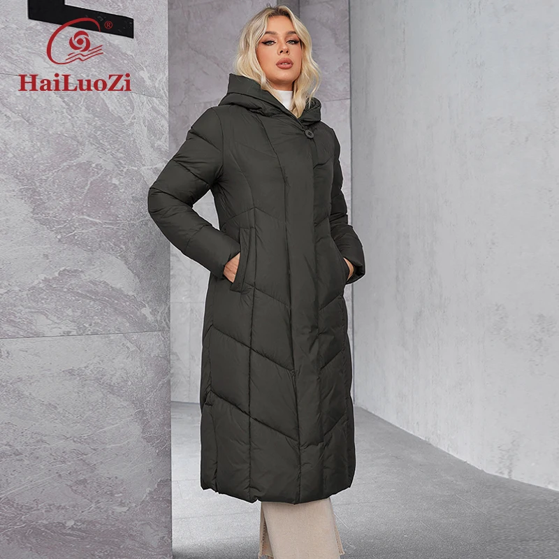 HaiLuoZi 2024 New Women\'s Cotton Clothes Warm Hooded Fur Long Women Parkas Elegant Large Pocket Belt Quilted Women\'s Coat 625