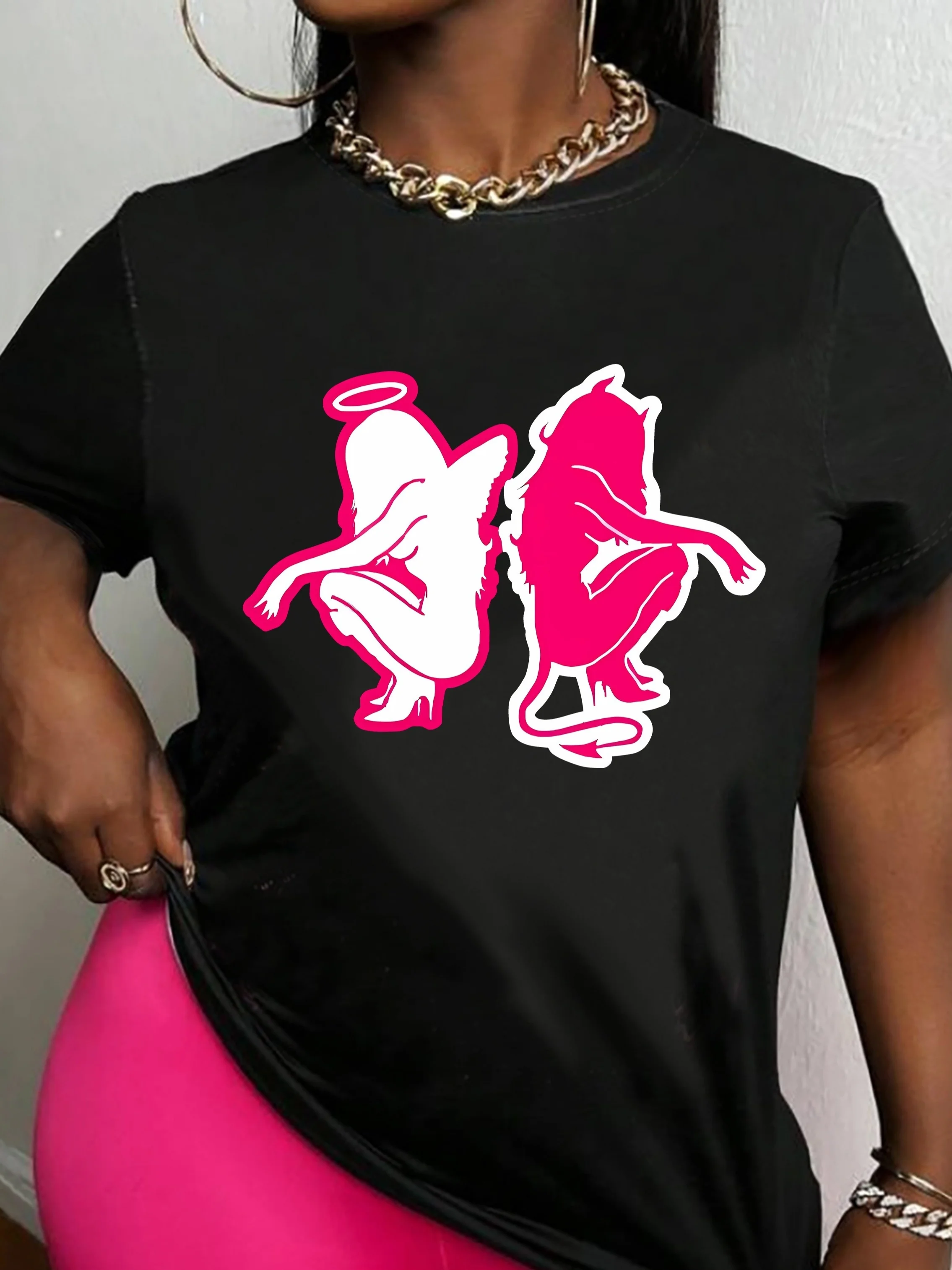 

Angel & Devil Print Crew Neck T-shirt for Women - Casual Short Sleeve Tee for Spring & Summer
